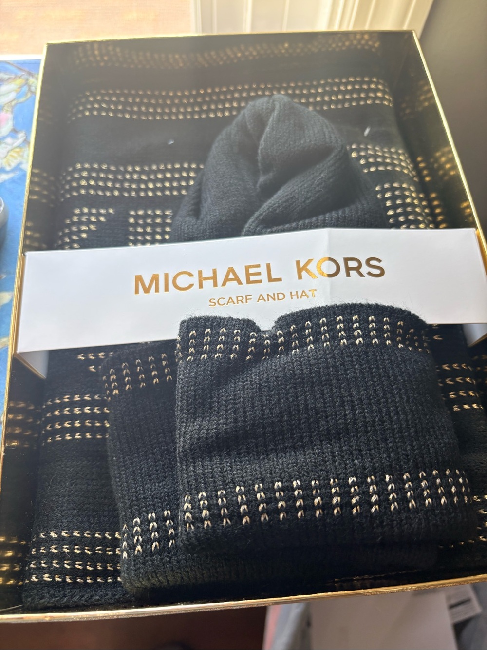 Michael Kors Black Scarf and Hat Set with Gold Stitching